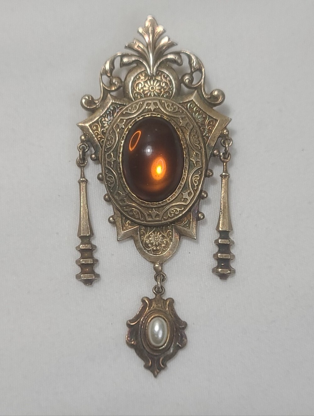 1930s Art Deco Czech Brass Shield Brooch Pin Amber Glass 3 Dangles Neiger Style